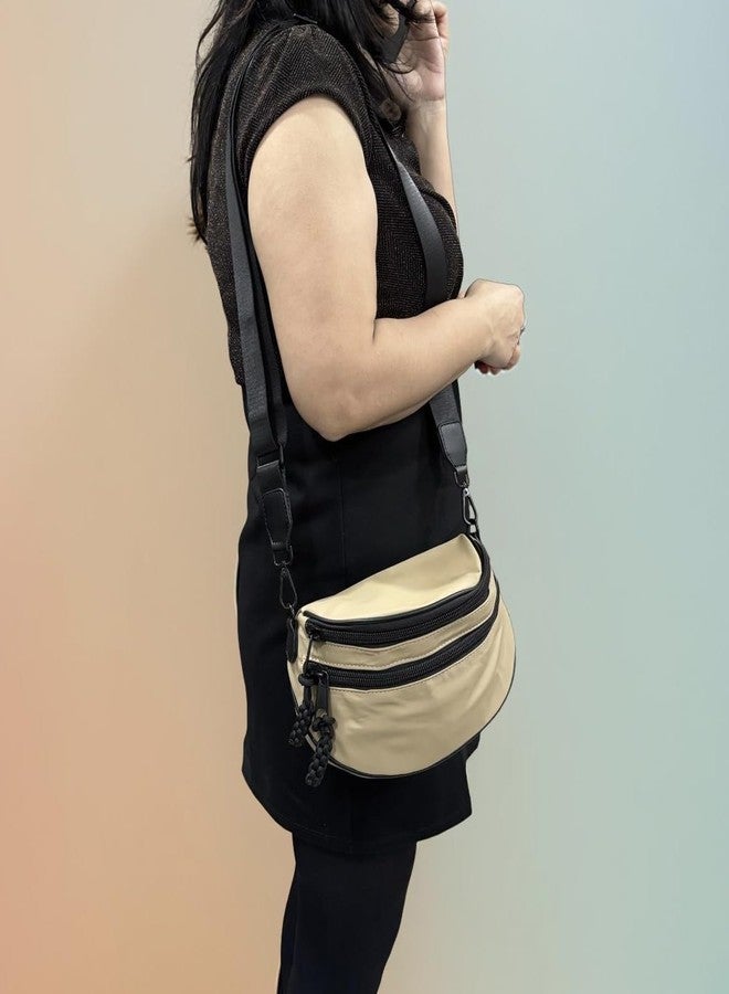 GLOSSY Multi-Compartment Crossbody Sling Bag, Lightweight Casual Travel Shoulder Bag with Detachable Strap, Multiple Pockets (Beige) - Image 2